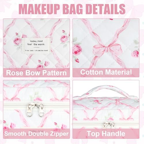 BuyCard Quilted Makeup Bag Set, CuteFloral Cotton Coquette Makeup Bag Toiletry - Image 3
