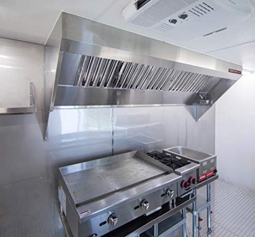 Food Truck Low Profile Exhaust Hood System Includes a stainless steel exhaust hood, an exhaust fan, an adjustable duct section, and installation hardware (5' Long Hood & Fan)