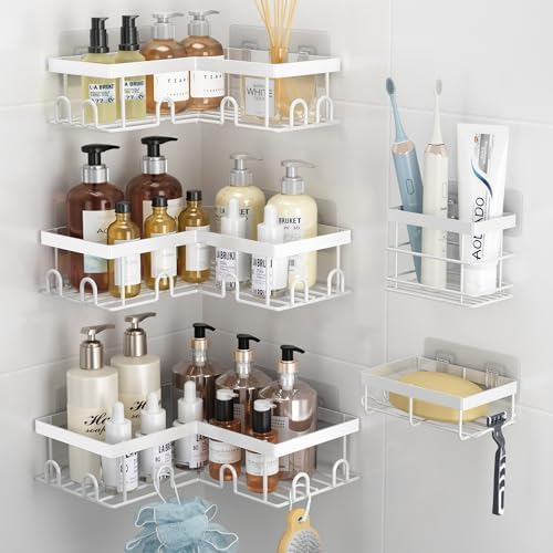 Liuoud Corner Shower Caddy 5 Pack Adhesive Stainless Steel Organizer White by Liuoud