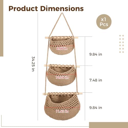 3 Tier Woven Natural Jute Macrame Wall Hanging Basket, Handmade Boho Bohemian - Image 2
