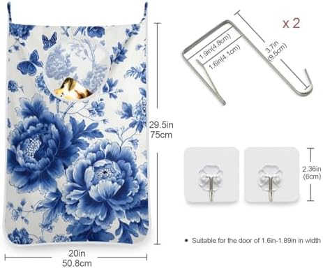 Blue and White Peony Flowers Butterfly Hanging Laundry Hamper Door Hampers Bag - Image 3