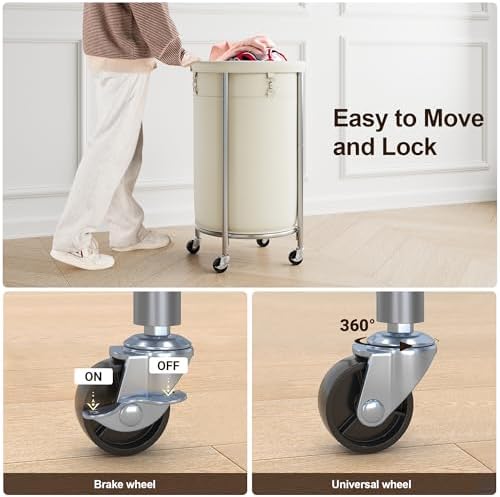 ELYKEN Laundry Basket with Wheels, Round Rolling Laundry Hamper - Image 4