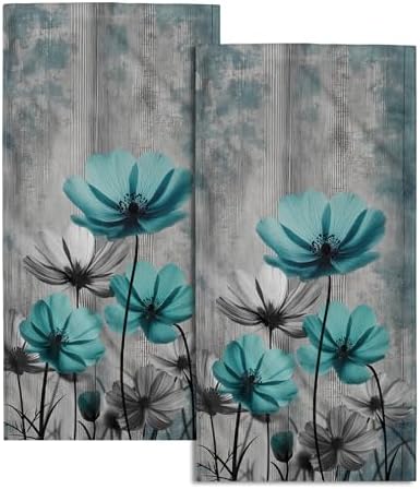 Teal Gray Floral Decorative Hand Towels by Granbey