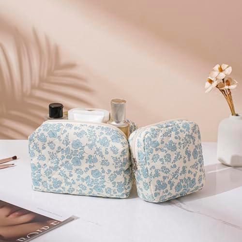 RSRSLEII 2Pcs Quilted Cotton Makeup Bag Set, 21 Blue Flowers Set - Image 2