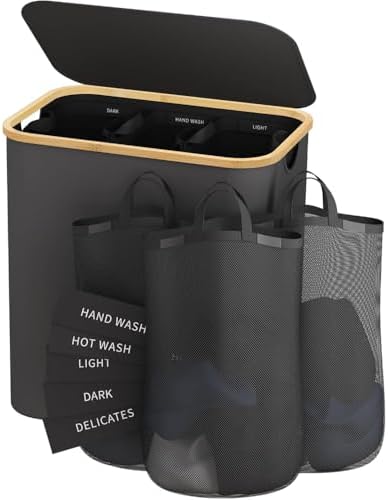 145L Laundry Hamper with Lid, 3 Section Laundry Basket with 3 Removable Bag by Bathola