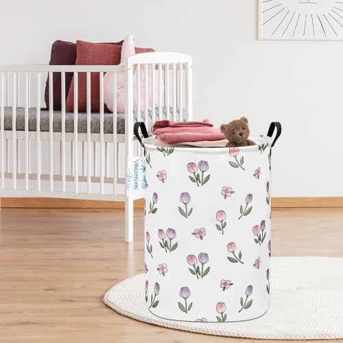 Round Laundry Basket Collapsible Storage Hamper Organizer Romantic Tulip - Image 5