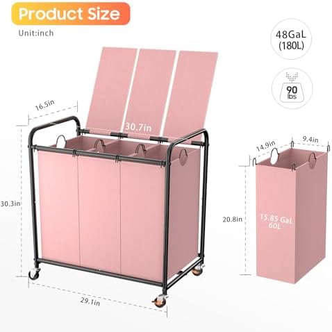 180L Laundry Sorter 3 Section, Rolling Laundry Basket - Image 2