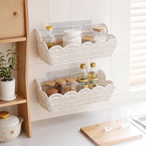 2 Pack Adhesive Plastic Wicker Hanging Storage Basket Scalloped Edge - Image 5