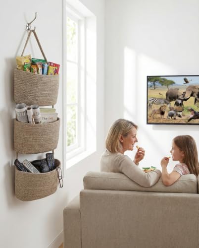 Over the Door Hanging Basket for Organizing 3 Tiers Woven Cotton Rope Wall - Image 2