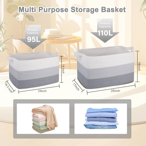 OIAHOMY Extra Large Blanket Basket, 110L Cotton Rope Woven Laundry Basket - Image 3