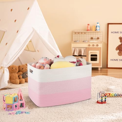 OIAHOMY 108L Extra Large Blanket Basket Dog Toy Basket Pink&White - Image 5