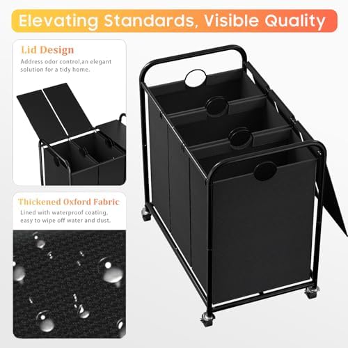 180L Laundry Sorter 3 Section, Rolling Laundry Basket - Image 4