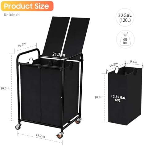 120L Laundry Sorter 2 Section, Rolling Laundry Basket - Image 2