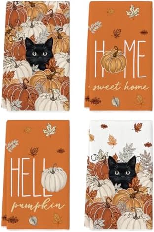 Artoid Mode Orange Pumpkin Cat Fall Kitchen Towels Set of 4 18x26 Inch by ArtoidMode