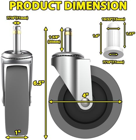 4 Inch Swivel Stem Casters 7/16-Inch Stem Diameter Rubber Wheels - Image 2