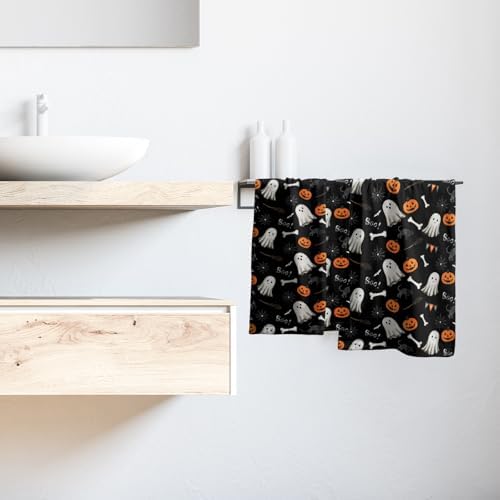 Halloween Black Hand Bath Towel Set of 2 Boo Cute Ghost Orange Pumpkins - Image 6