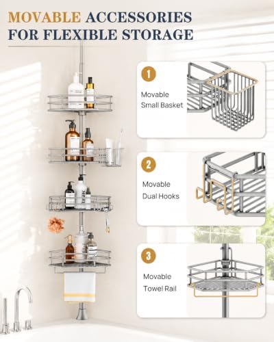 SEIRIONE Corner Shower Caddy Tension Pole, Quick Setup, Rust-Free Bathroom - Image 4