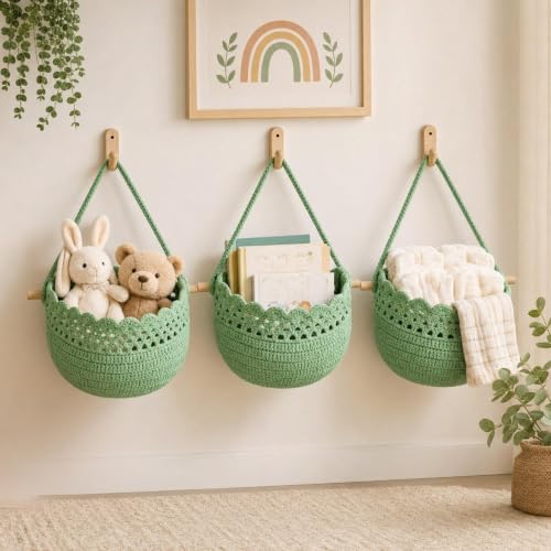 Honeydak 3 Hanging Baskets, Sage Green, Cotton Rope - Image 6