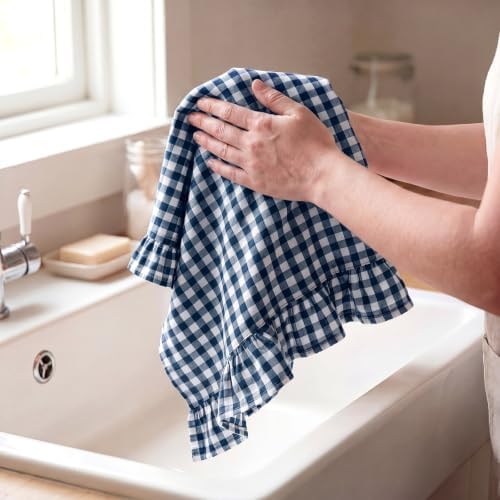 HunnmingRe 2 Pcs Navy Blue Gingham Kitchen Towels Cotton Ruffled - Image 4