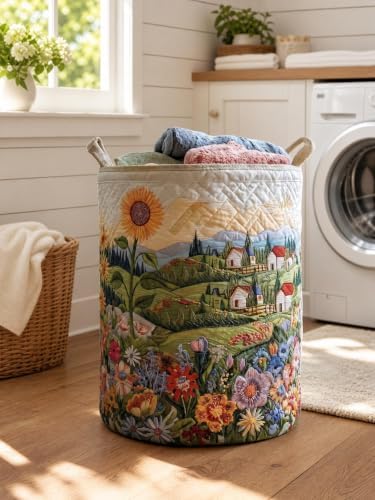 Quilted Laundry Basket with Handles, Boho Floral Quilted Storage Hamper - Image 6