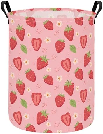 Round Laundry Basket Collapsible Storage Hamper Flower Strawberry by LANGYASHAN
