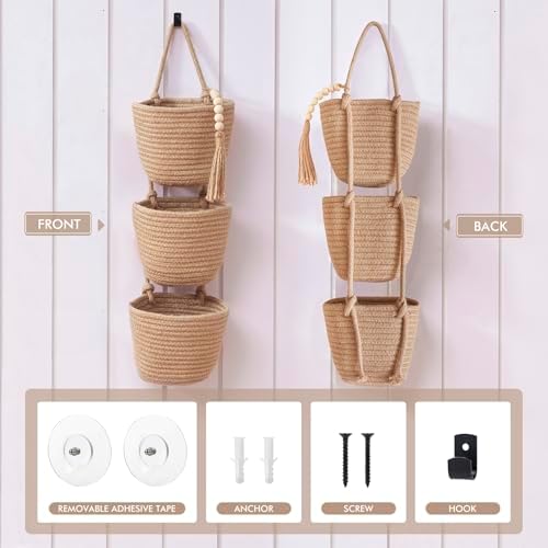 LIGHT DUST Wall Hanging Rope Baskets 3-Tier Boho Organizers - Image 2