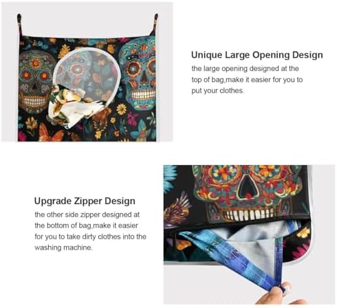 Mexican Skulls and Flowers Hanging Laundry Hamper Door Hampers Bag Basket - Image 4