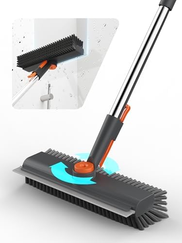 Floor Scrub Brush with Long Handle & Squeegee, 3 in 1 Floor Scrubber by HelpX