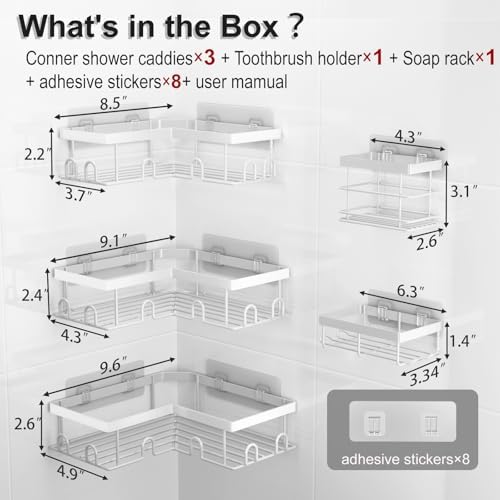 Liuoud Corner Shower Caddy 5 Pack Adhesive Stainless Steel Organizer White - Image 6