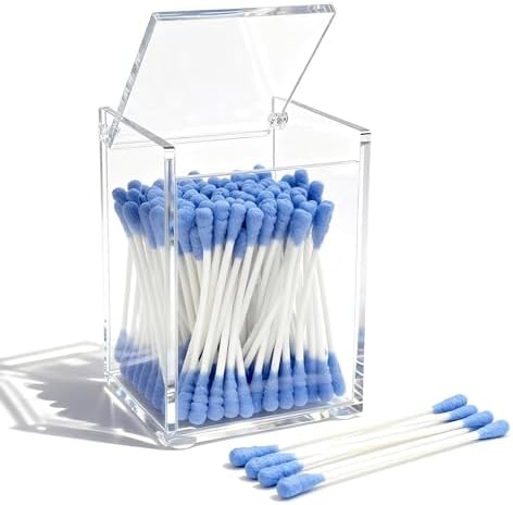 Clear Acrylic Qtip Holder with Lid, Cotton Balls Swab Organizer by Dealpoli