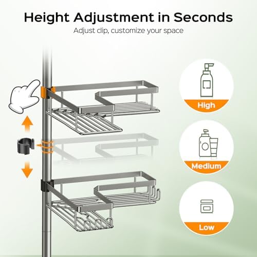 HAMITOR Shower Organizer Tension Pole: 4 Tier L-Shaped Corner Bath Shelf - Image 4