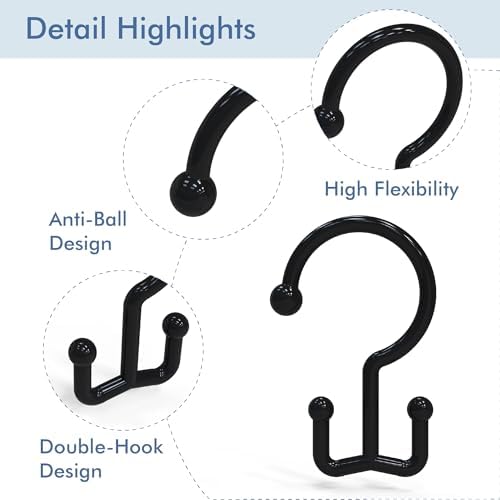 Bathway Black Plastic Double Shower Curtain Hooks, 12 Shower Curtain Rings - Image 5