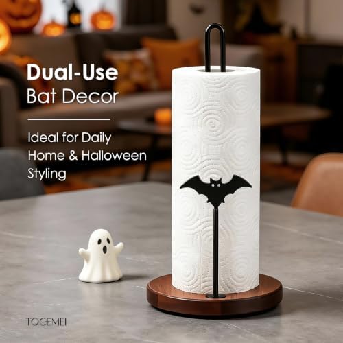 Wooden Paper Towel Holder Countertop, Gothic Iron Bat Decor Solid Wood Base - Image 4
