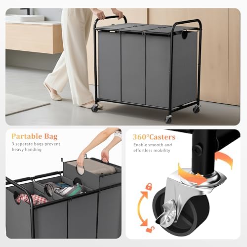 180L Laundry Sorter 3 Section, Rolling Laundry Basket - Image 3