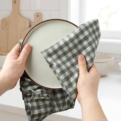 HunnmingRe 2 Pcs Sage Green Gingham Kitchen Towels Cotton Ruffled - Image 6