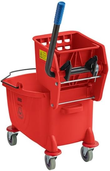 Commercial Mop Bucket with Side Press Wringer, 26 Qt Capacity, Red, 4 Casters