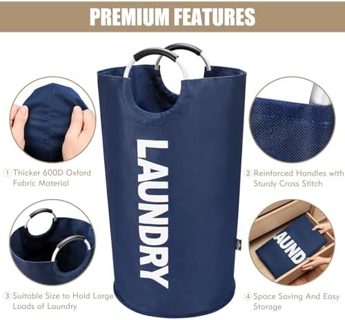DOKEHOM 90L Large Laundry Basket Bag, Collapsible Tall Hamper, Dark Blue - Image 6
