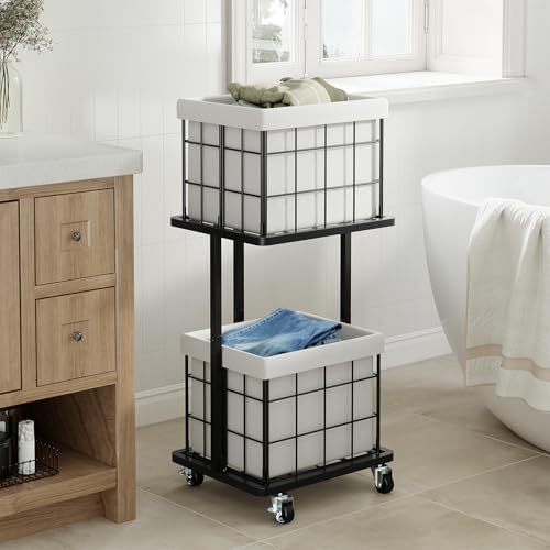 80L Vertical Laundry Sorter, 2 Tier Metal Rolling Laundry Basket - Image 7