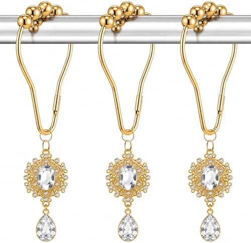 12PCS White Gem Shower Curtain Hooks, Elegant Bathroom Decor by Koveni