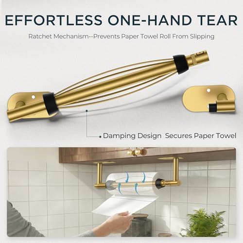 FORIOUS Paper Towel Holder Under Cabinet, One Hand Tear, Brushed Gold - Image 2