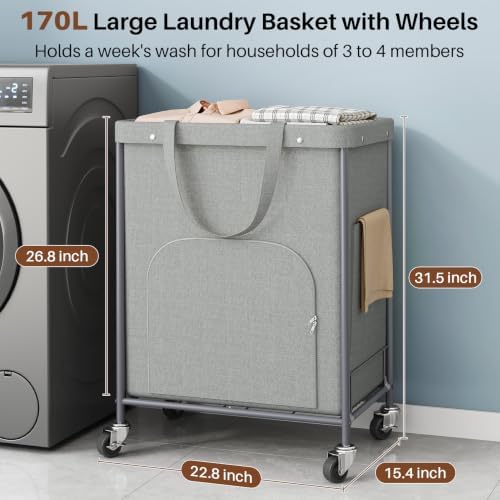170L Large Laundry Basket with Wheels, Rolling Laundry Hamper Easy Access - Image 3
