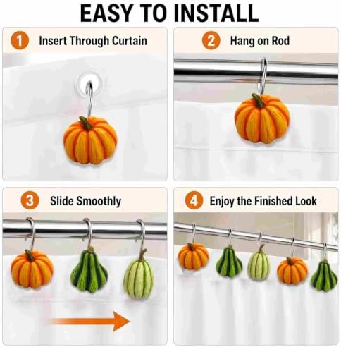 Pumpkin Shower Curtain Hooks Set of 12, Resin Fall Halloween Decor - Image 4