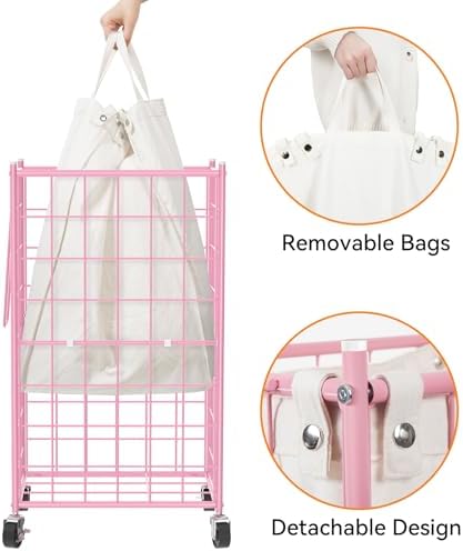 WOWLIVE Rolling Laundry Basket, Metal Wire Frame Laundry Hamper - Image 6
