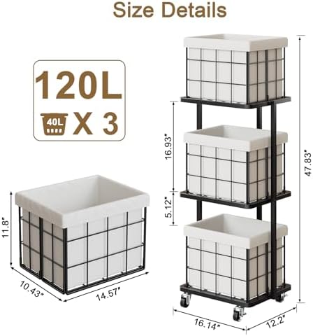 120L Vertical Laundry Sorter, 3 Tier Metal Rolling Laundry Basket - Image 3