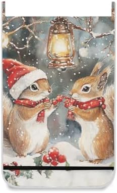 Christmas Squirrels Watercolor White Door Hanging Laundry Hamper Bag - Image 2
