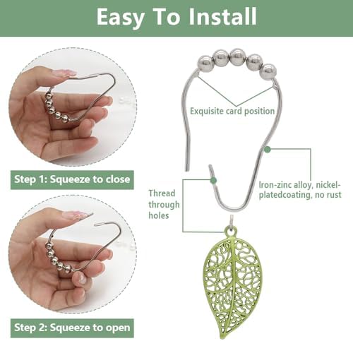 Leaves Shower Curtain Hooks-12Pack Green Plant Leaf Shower Curtain Rings - Image 6