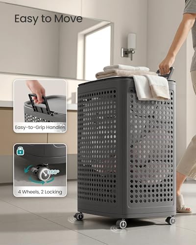SONGMICS Laundry Hamper with Wheels, 75 L Laundry Basket with Lid - Image 5