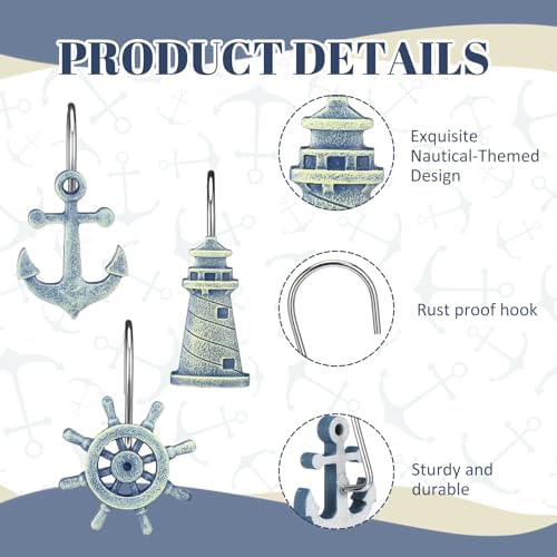 Amyhill 12 Pcs Nautical Shower Curtain Hooks Decorative Shower Curtain Rings - Image 3