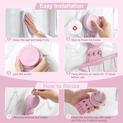 JOTPE Pink Suction Cup Shower Caddy, 2 Pack Bathroom Organizer - Image 3