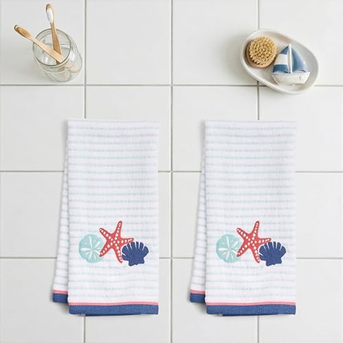 Ritz 2-Piece Cotton Velour Bathroom Hand Towel Set, Embroidered Seashell Trio - Image 3